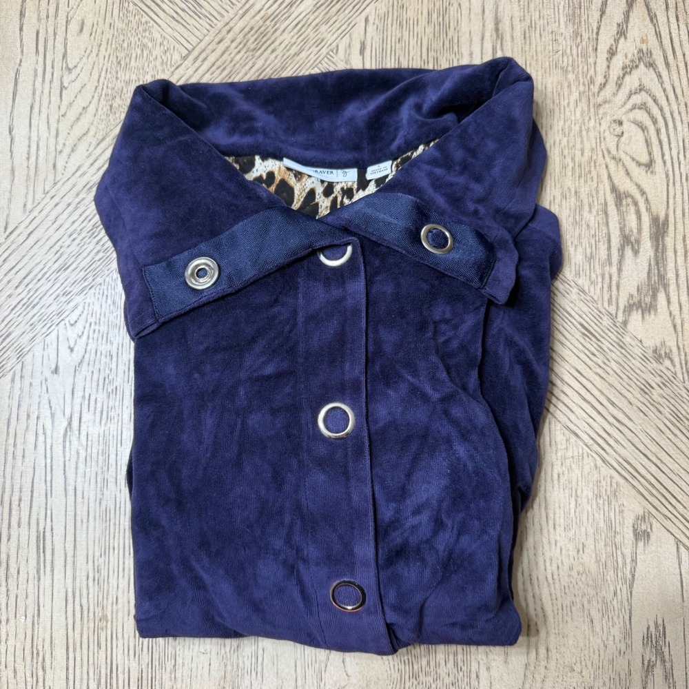 Susan Graver Women's Large Blue Button Up Roll Tab Sleeve‎ Velvet Jacket